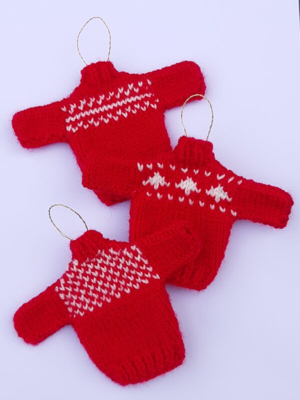 Trio of mini Christmas Jumpers, Tree Decorations: Downloadable knitting pattern: